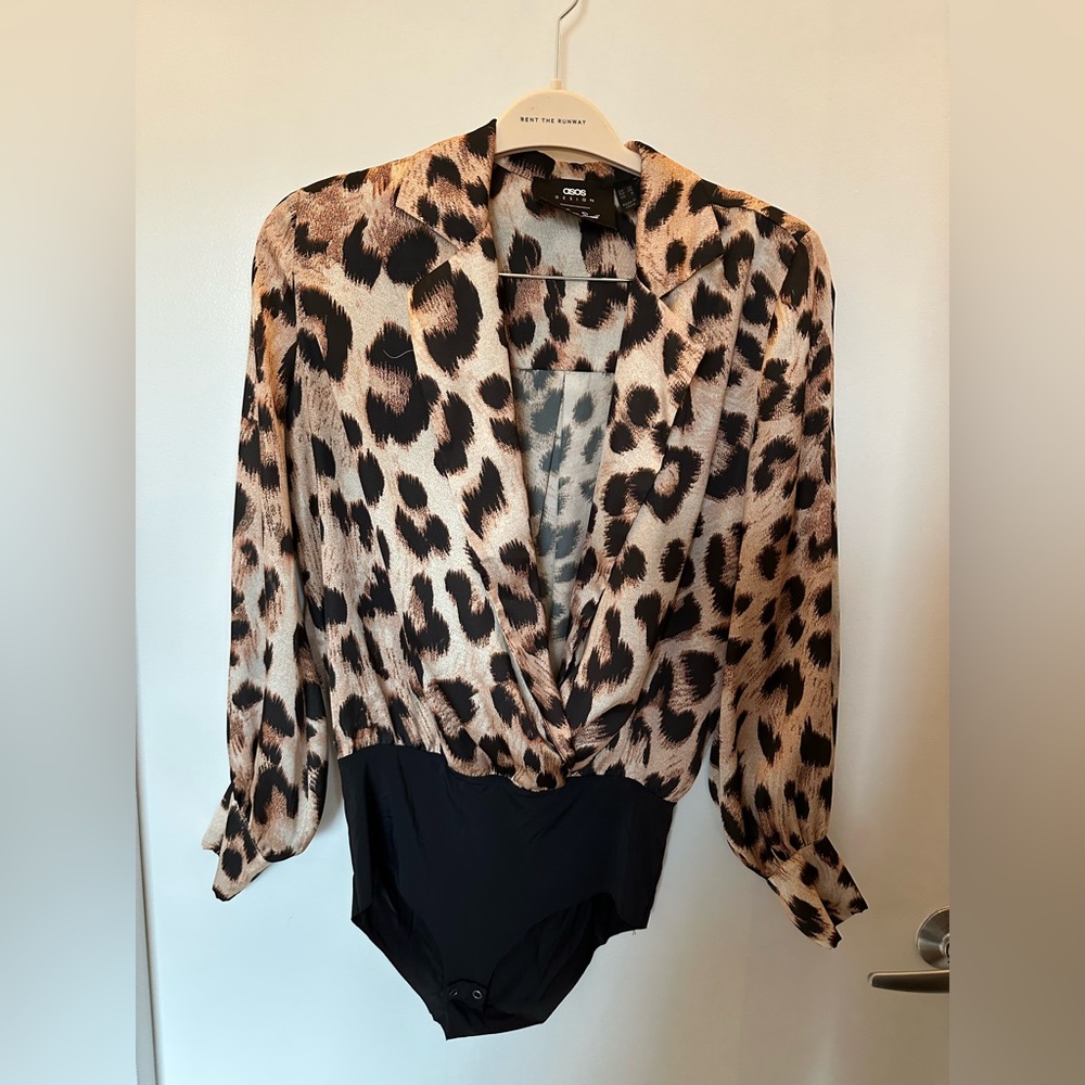 ASOS Design x LaQuan Smith wrap front silky bodysuit in Leopard print